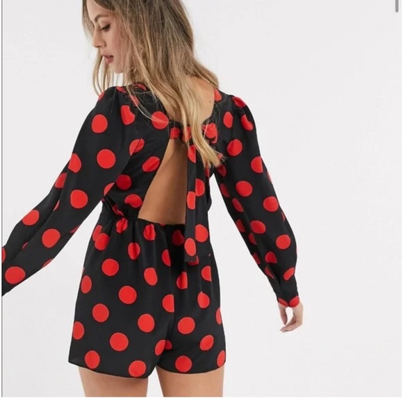 ASOS Pants - ASOS Romper Black red polka dots Open neck Long Sleeve 0